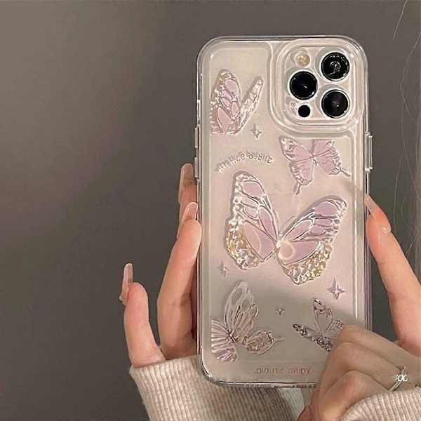 Kirkas violetti perhonen söpö läpinäkyvä puhelinkotelo iPhone 15 Pro Max 6.7\" -puhelimelle Suojakuori Iskunkestävät kotelot Apple iPhone 15ProMaxille