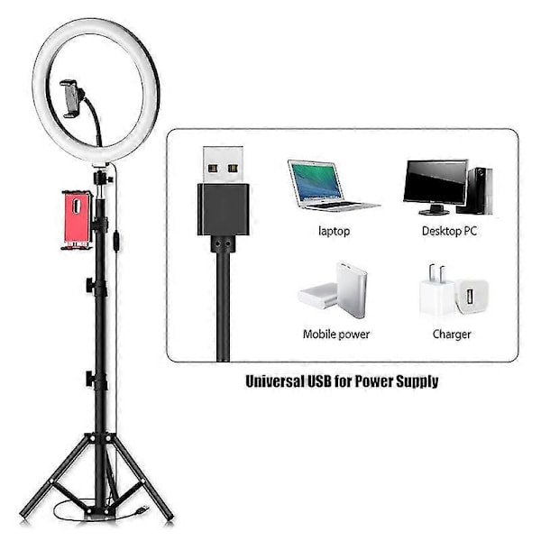 26 cm / 10 tuuman LED-rengasvalo, 3 väriä, 10 himmennystasoa, 3200-5600 K värilämpötila, jalustat, puhelin- ja tablettipidikkeet suoratoistoon, meikkiin P