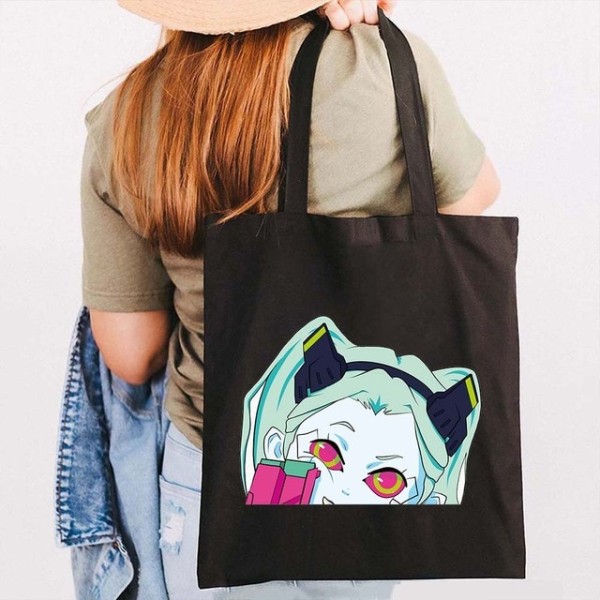 Anime Manga Lucy Rebecca Cyber ​​Canvas Cotton Shopping Bag black