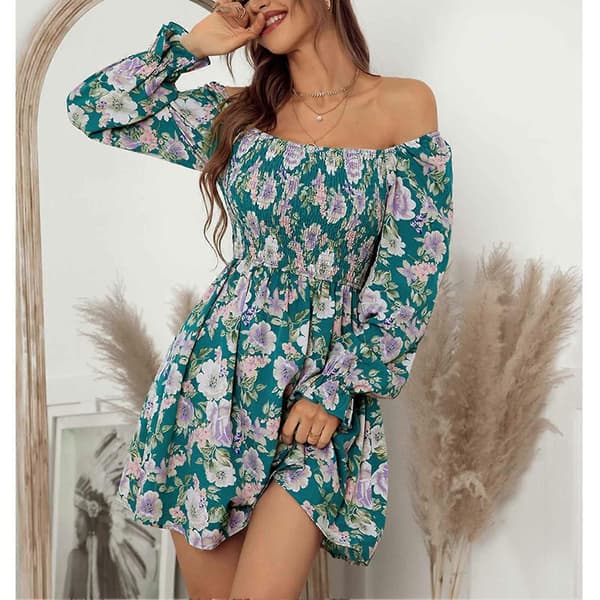 Blommig Rynkad Off Shoulder Klänning Trendig Elastisk Stretchig Elegant Klänning för Kvinnor