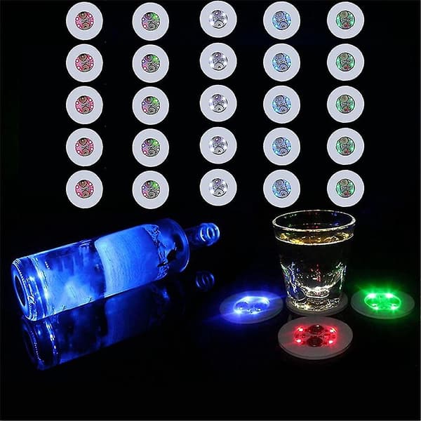 25 stk LED-underlegg, runde blitskoppmatte-lys for vinflasker, drinker, fester, barfester