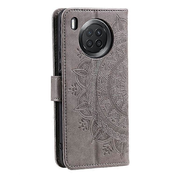 Präglad Mandala Blomma Fullständigt Skydd PU Läder + Mjuk TPU Ställ Plånboksfodral med Rem Kompatibel med Huawei nova 8i Grey