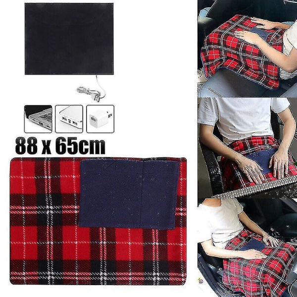 Bärbar USB elektrisk uppvärmd filt bil kontorsbruk varm filt värmare med fickor för vinterhem baby polyester matta 88x65cm blue