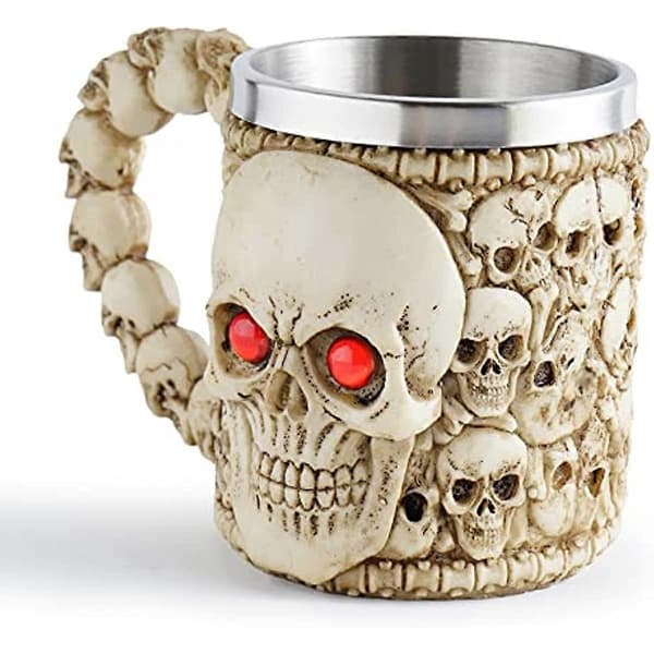 Hawgeylea Viking Skull Mugs 450 ml rostfritt stål innerkopp Ölsejdel Kopp 3D Skull Mugg Kopp Vikingpresenter för män Kaffe Te Vatten Drickskopp för
