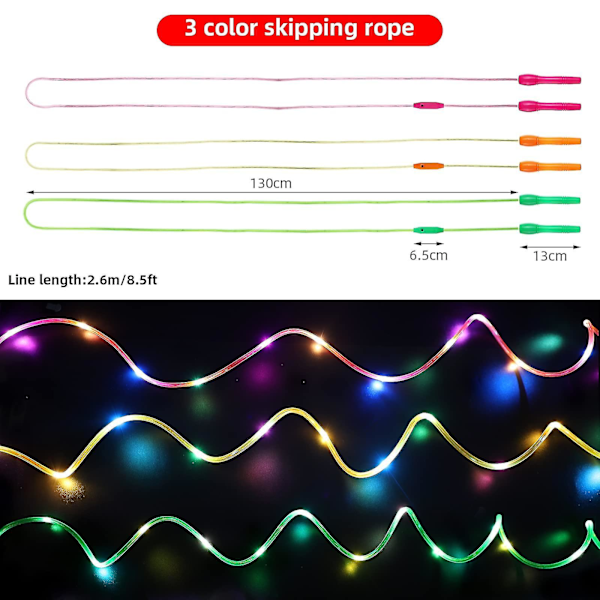 2-pack LED Ljussättande Hopprep Justerbar Längd och Tre Ljuslägen Snabbhopprep för Barn, Ljusshow, Fitness