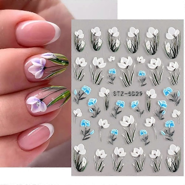 5D Präglade Blommor Nagelstickers för Akrylnaglar, 6 Ark Graverade Blomma Nageldekaler Vår Sommar Nagelkonst Tillbehör Franska Toppar Nageldesign