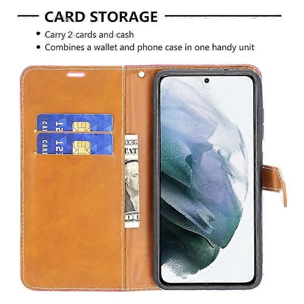 Splejsning Jeans Stof Overflade Læder Telefon Cover Wallet Stand Case Kompatibel Med Samsung Galaxy S21 FE/S21 Lite Pink