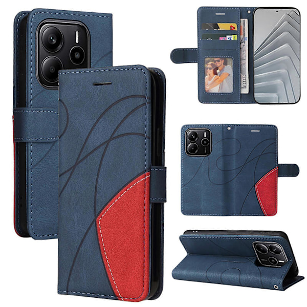 Yhteensopiva Xiaomi Redmi Note 14 4G (163.25x76.55x8.16mm) -puhelinmallille Nahkainen puhelinkotelo, jossa jalusta ja lompakko, kaksivärinen muotoilu Blue