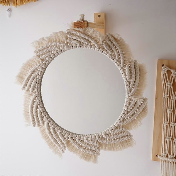 Nordisk Boho Makrame Veggspeil med Frynser Dusk Håndvevd Bomullsrep Gobelin Rundt Dekorativt Speil for Leilighet Stue Soverom