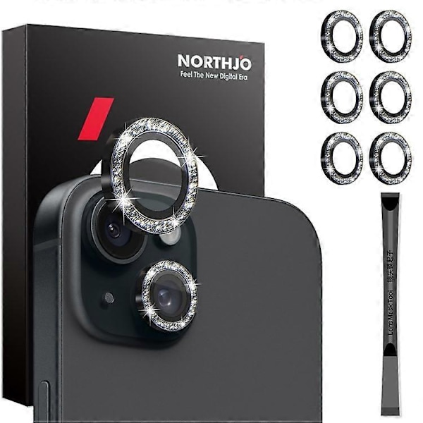 NORTHJO 3 Set Kompatibla För iPhone 15 / 15 Plus / 14 / 14 Plus Linsskydd Glitter Metallring Härdat Glas Linsfilm Black