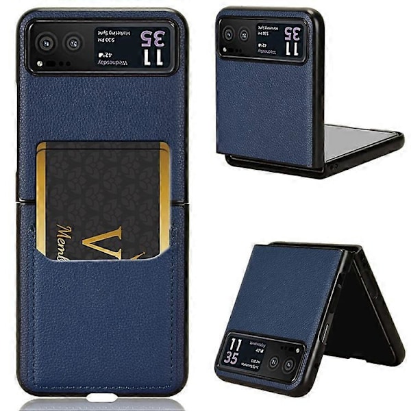 Kompatibelt för Motorola Razr 40 5G PU Läder+PC Kortplats Skydd Lychee Textur Stöttåligt Mobilskal Blue