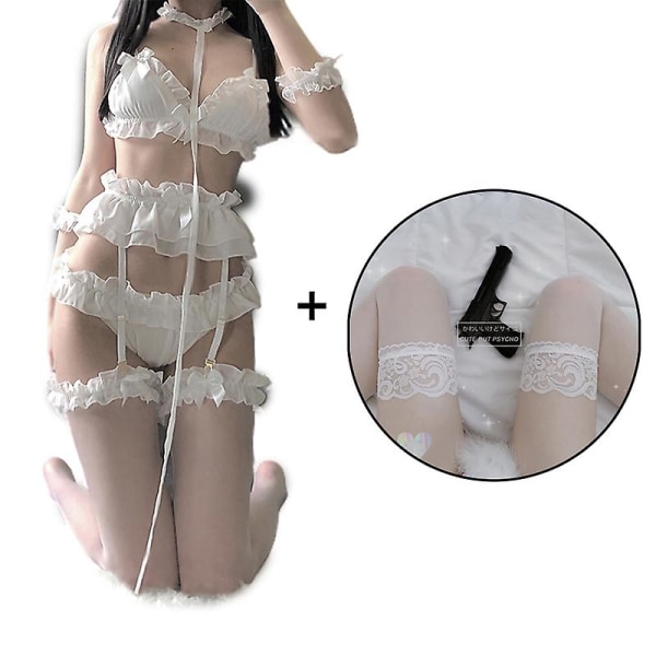 Naisten seksikäs set söpöt röyhelöt pitsit Kawaii Babydoll pehmeät tytöt mustat pyjamat japanilaiset lolita cosplay-asut White with stocking