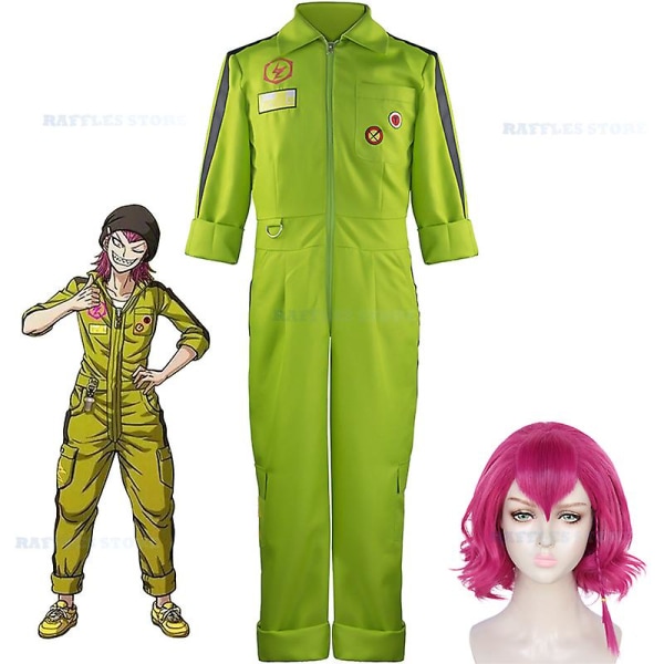 2023 Game Anime Danganronpa Kazuichi Souda Cosplay Kostym Peruk Rosa Hår Grön Jumpsuits Kostymer Halloween Carnival Kostym Kostym suit wig XXL