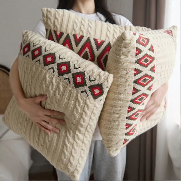 Maalaistalon neulottu koristeellinen tyynynpäällinen, geometrinen kuvio, erittäin pehmeä neliönmuotoinen tyynynpäällinen sohvalle, sängylle, kodin sisustukseen (Geometrinen A, 18\"x18\")