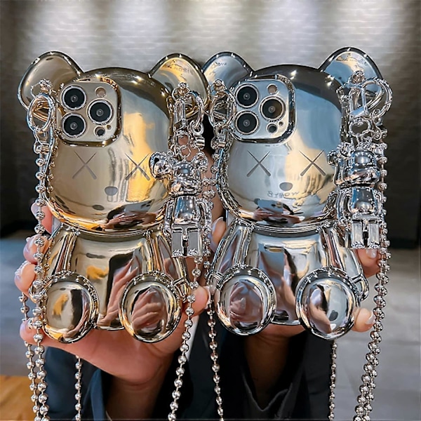 Søtt deksel til iPhone 12 Pro Max 6.7'', 3D tegneseriedeksel Gull Teddybjørn Glitter Bling-deksel med metallkjedestropp og bjelleanheng, Mote plating Soft T