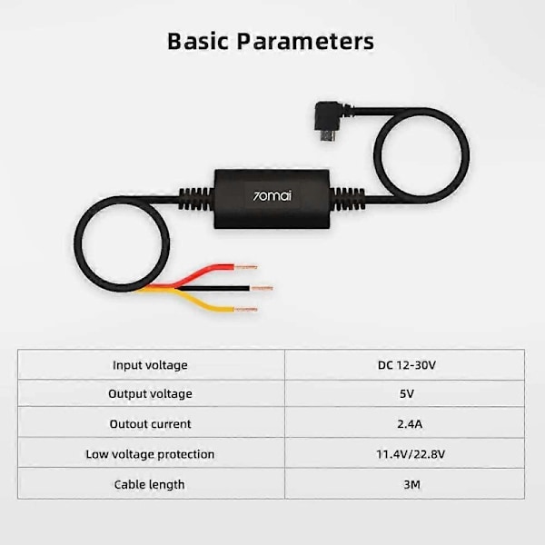 70mai Hardwire Kabelsæt til 24H Parkeringsovervågning til A500, A800 & DashCam Wide(midrive up02