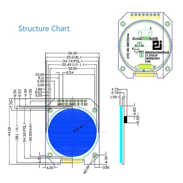 1.28'' LCD Display Modul, RGB IPS 240x240 GC9A01 Driver 4-Wire SPI Interface Adapterkort til Bærbar Displayenhed