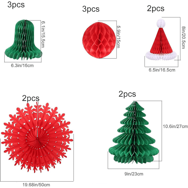 12 st Jul Pappersfläkt Retro Jul Takdekorationer Jul Pappershattar Papperspompoms Papper Julgran Klocka Honeycomb Dekoration För C
