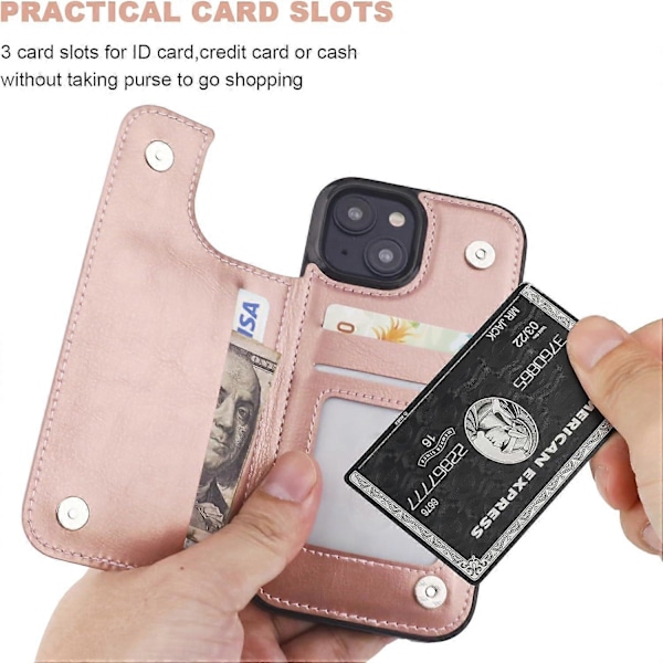 Kompatibel med iPhone 15 Plånboksfodral med Korthållare, PU Läder Ställ Korthållare Fodral (Roséguld)