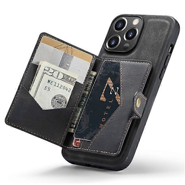 JEEHOOD Yhteensopiva iPhone 14 Pro Retro Iskunkestävä Kotelo Irrotettava 2-in-1 Lompakkokotelo Nahkapäällysteinen Jalusta TPU-suojus Black