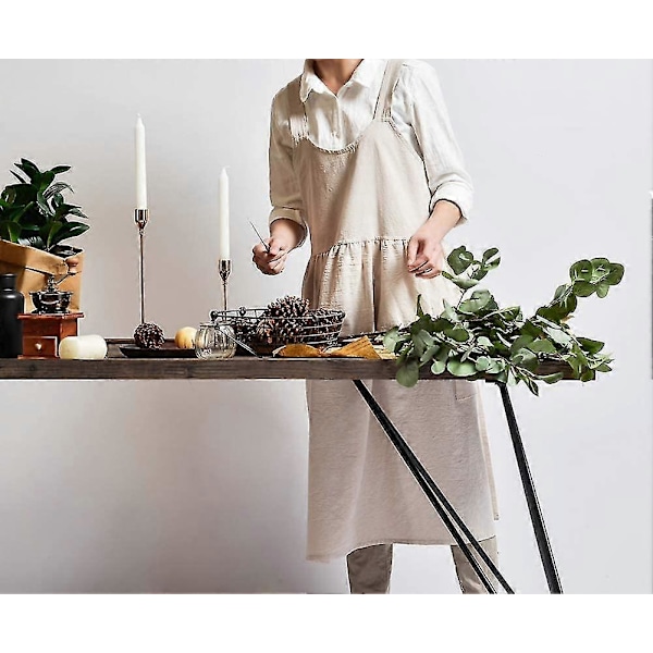 Bomulls- og linforkle med kryssrygg for kvinner med lommer for matlaging, maling, beige, uten knytebånd i livet