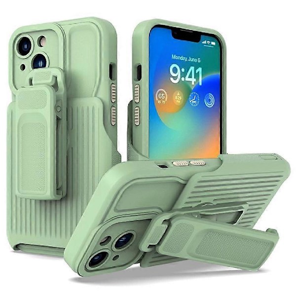 Explorer Series Kompatibelt För iPhone 13 Bakre Klämma Ställ Design PC + TPU Telefonskyddsfodral Fallsäkert Skal LightGreen