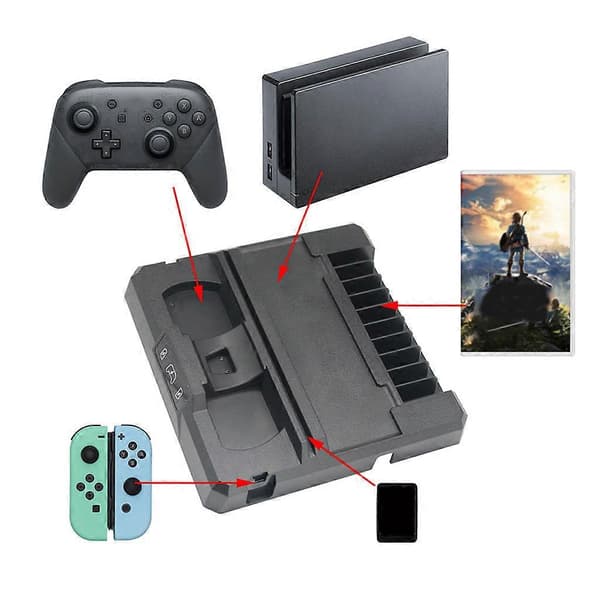 USB Hurtigladekabel Lader Strømadapter for Switch Håndtak Oppbevaringsbrakett