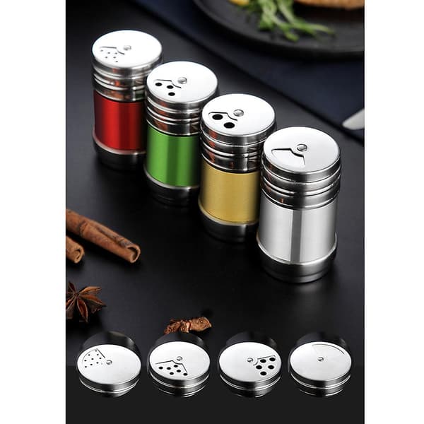 Krydder-, sukker-, salt-, pepper- og urte shaker-beholdere i rustfritt stål