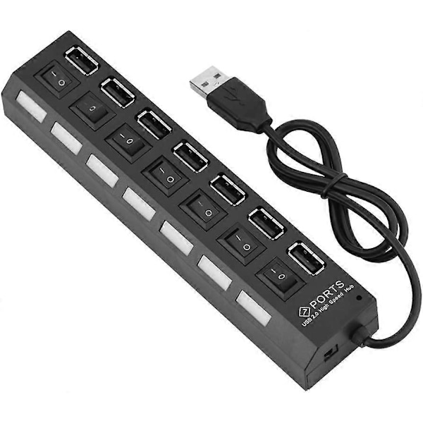 480Mbps 7 Port USB 2.0 Hub, Multifunksjonell Hub Splitter Høyhastighets Dataoverføring for Mobiltelefon, Nettbrett, Tastatur, Mus, Harddisk, PS