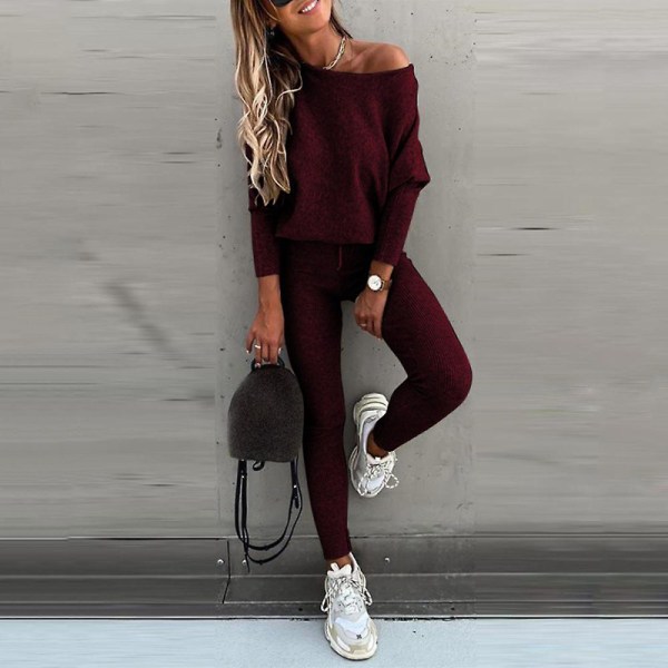 Kvinnor Vanlig Casual träningsoverall långärmad T-shirt Leggings Skinny Pants Outfit Set Wine Red M