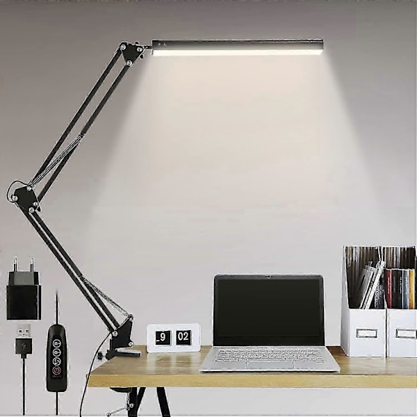 LED Skrivebordslampe, 14W Sammenleggbar Arkitektlampe med Klemme, 10 Lysstyrkenivåer X 3 Fargemoduser, Justerbar Skrivebordslampe