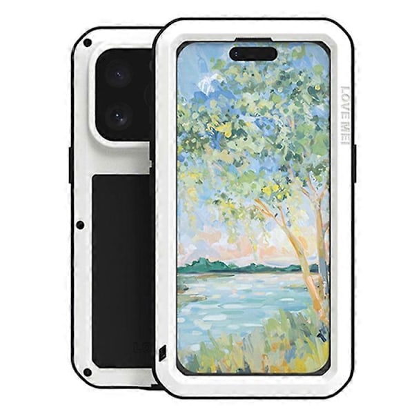 LOVE MEI Yhteensopiva iPhone 16 Pro -kotelolle Karkaistu lasinen näytönsuoja Metalli+Silikoni Puhelinkuori White