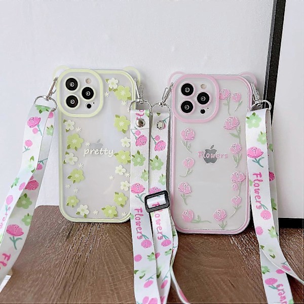 iPhone 13 Pro Max Skal 2022 (6.7\"), Sött Genomskinligt Skal Blommor Björnöron Transparent Skyddande Mjukt TPU Stötsäkert Telefonskal för Kvinnor Flickor med Justerbar