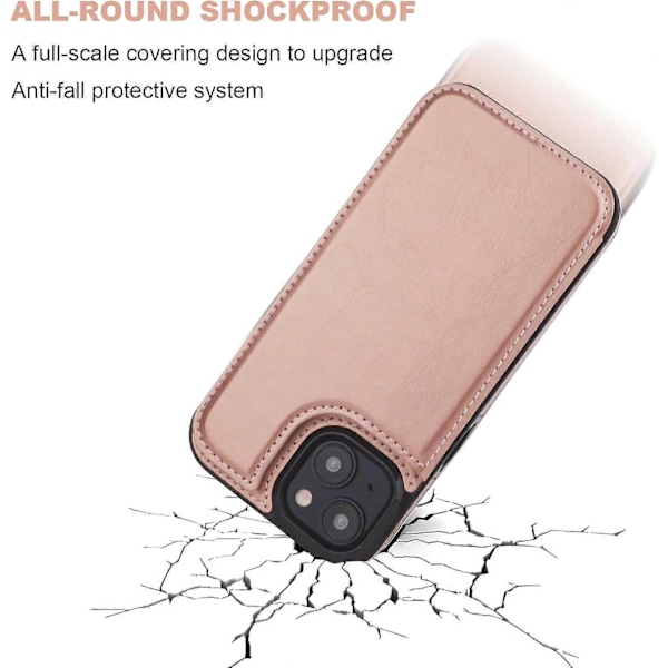 Yhteensopiva iPhone 15 Lompakkokotelon kanssa, jossa korttipidike, PU-nahkainen jalustallinen korttipaikkakotelo (Ruusukulta)