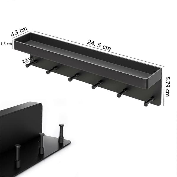 Nøglebræt, uden boring med hylde, med 6 kroge til entréen (sort)