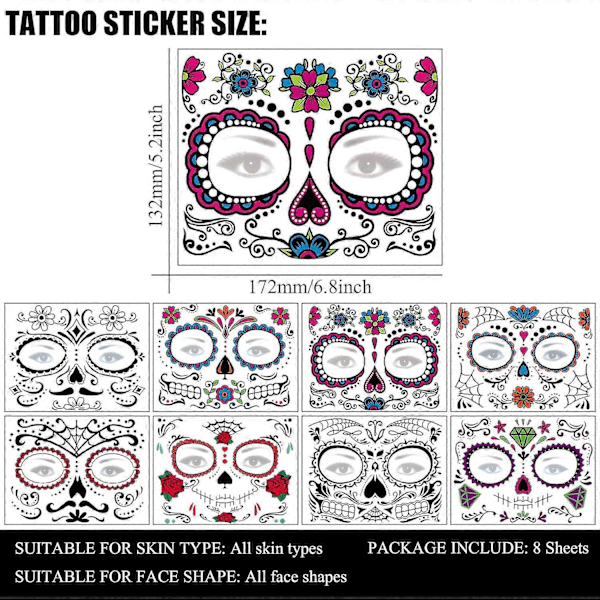 Day of the Dead -tatuoinnit - 8 Halloween-väliaikaistatuointitarran setti Da de Los Muertos Glitter Punainen Ruusu Kallo Sokerikallo Valetatuoinnit Halloweeniin
