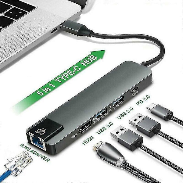 5-i-1 Usb Typ C Hub Adapter Docka Med 4k Hdmi Pd Rj45 Ethernet Lan Laddning