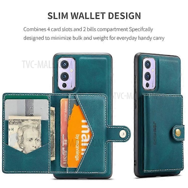 JEEHOOD Magnetisk pung aftagelig 2-i-1 design læderbelagt TPU-etui kompatibel med OnePlus 9 (EU / US version) Green
