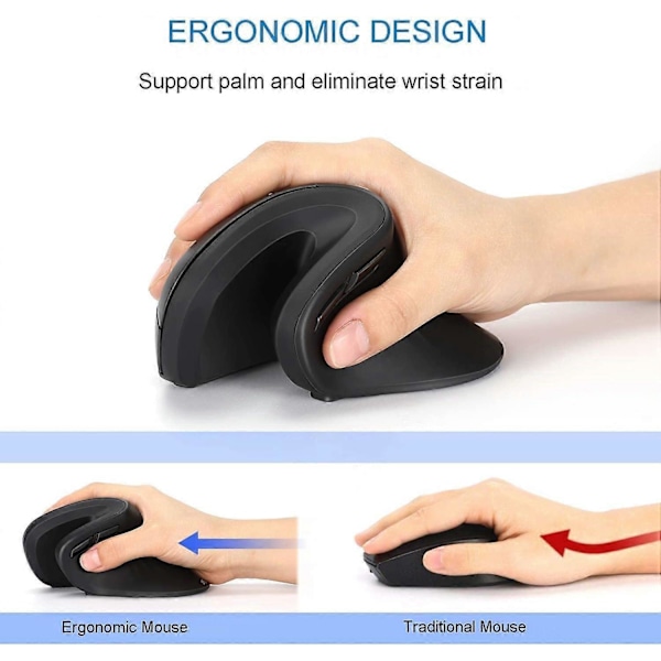 Bluetooth Ergonomisk Mus, 2.4G Stille Vertikal Trådløs Mus, Dobbel Modus Ergo Optisk Mus med Justerbar DPI 1000/1600/2400, for Laptop, Desktop, P