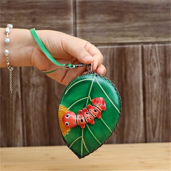 Dam Tree Leaf Plånbok i Läder för Mynt, Kan Hålla Växel, Armbandskoppling, Handgjord Läder Dragkedja Nyckelfodral