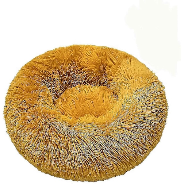 Hund- och kattdjurssäng rund plysch kennel kattsäng höst och vinter husdjurssäng hundmatta kattmatta husdjursmatta ytterdiameter 70 cm (gul)
