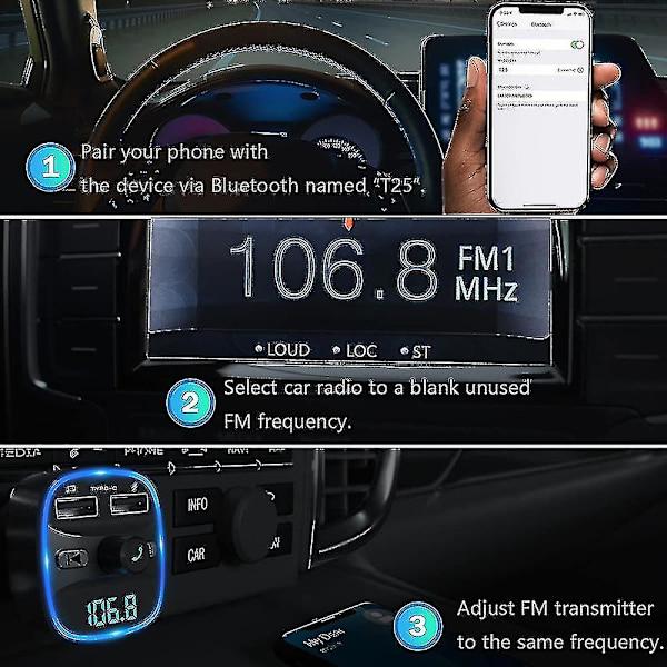 Lencent Bluetooth FM-sändare Bilsadapter Bluetooth-sändare för bilradio, handsfree-kit, 2 USB-portar, stöder SD-kort USB-minnen