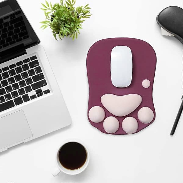 Søt Musematte med Håndleddsstøtte, Kattepote Musematte for Datamaskin Sklisikker Gaming Musematte Glatt Ergonomisk Musematte med Håndleddsstøtte, Burgunder
