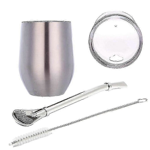 Dubbelväggig Yerba Gourd Mate Te-set i rostfritt stål Vatten Mate Te-kopp med lock Sked Sugrör Bombilla Hea
