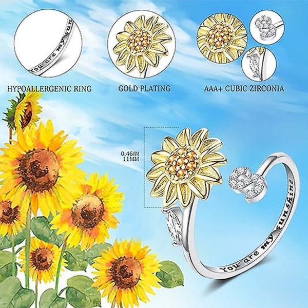 Fidgetringe til Angst for Kvinder Solsikke Initialbogstav Spinner Ring Åben Justerbar Ring CZ Ringe Daisy Stressaflastende Ring Smykker Gave til Kvinder