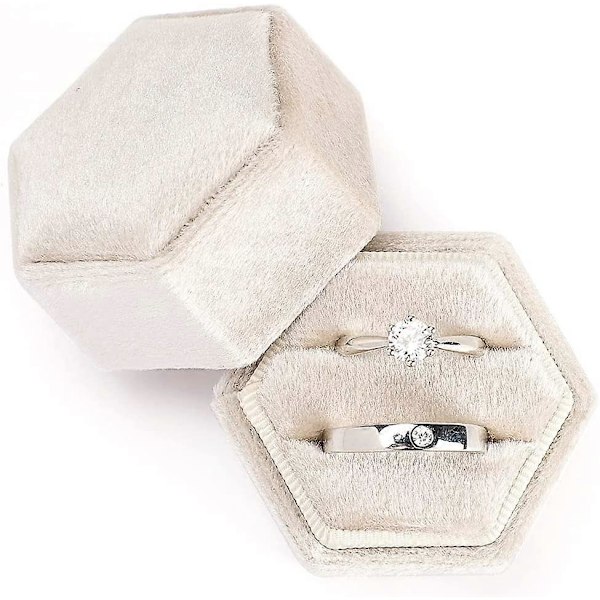Smyckeskrin i sammet för ringar, hexagonformat premium vackert vintage dubbel ring presentask med avtagbart lock för frieri, förlovning, bröllopsceremoni (Beige)