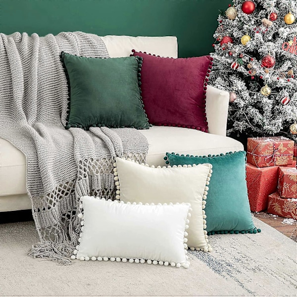 Pakke med 2 Velvet Pynteputetrekk Pompom Juledekorative Putetrekk Solid Myke Putetrekk med Dusker Firkantet for Sofa Soveværelse Bil 18x
