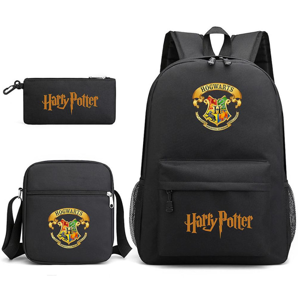 Børne Harry Potter tredelt skoletaske trykt udendørs rygsæk med stor kapacitet black