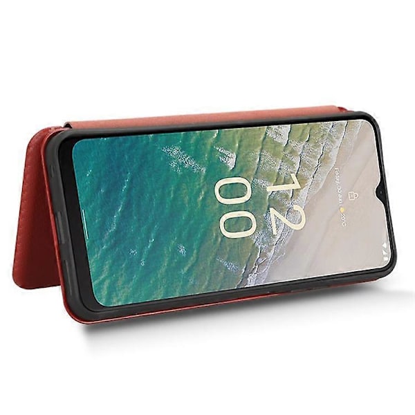 Kompatibelt för Nokia C32 PU Läder Kolfibertextur Fodral Kortfack Ställ Mobilskal Brown