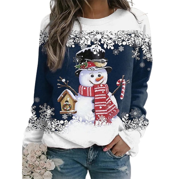 Dam Jul snögubbe Snowflake printed tröja Långärmad T-shirt Crew Neck Xmas Pullover Top Blus style 1 S